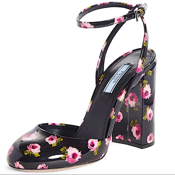 PRADA Women's Patent Leather Ankle Strap Pump Heels Floral - Picture 1 of 12